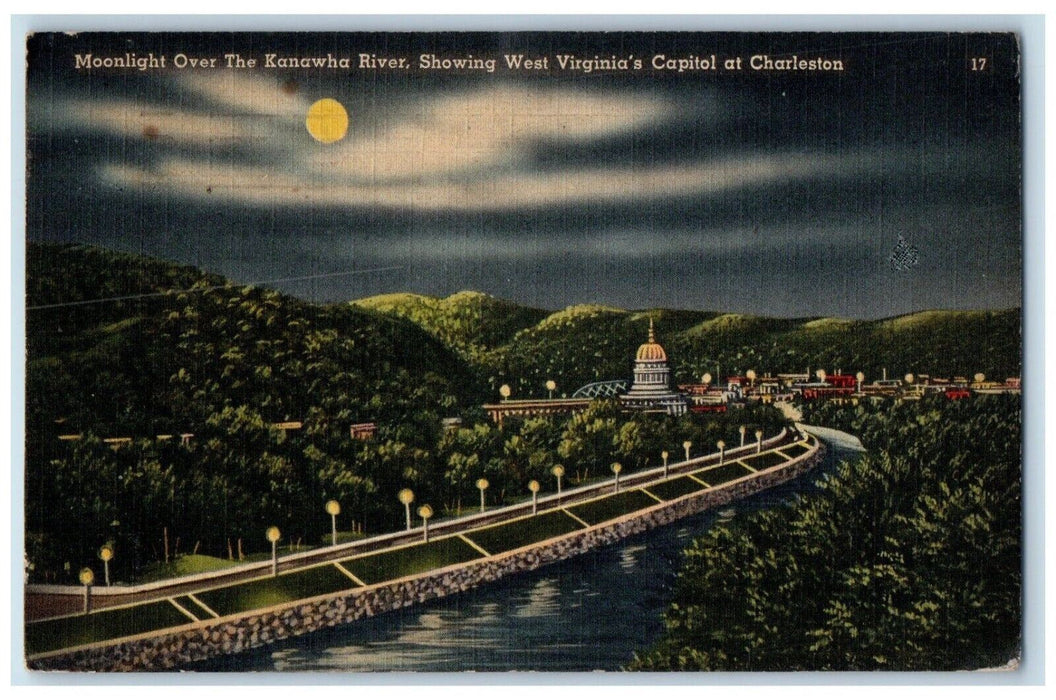 1942 Moonlight Kanawha River Showing West Virginia Capitol Charleston Postcard