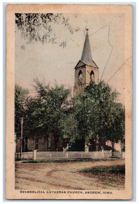 Evangelical Lutheran Church Dirt Road Trees View Andrew Iowa IA Vintage Postcard