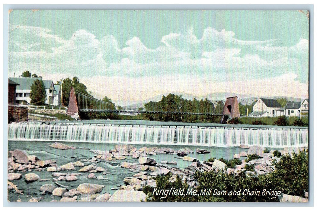 1909 Mill Dam Chain Bridge River Lake Falls Rocks Kingfield Maine ME Postcard