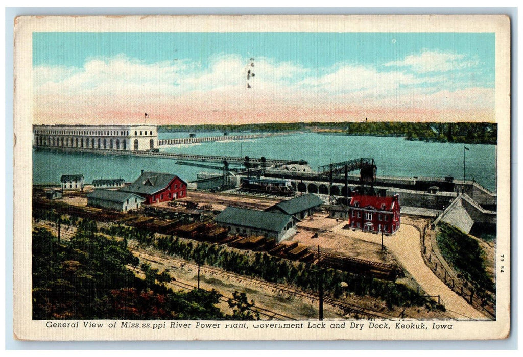 1939 Mississippi River Power Plant Government Lock & Dry Dock Keokuk IA Postcard