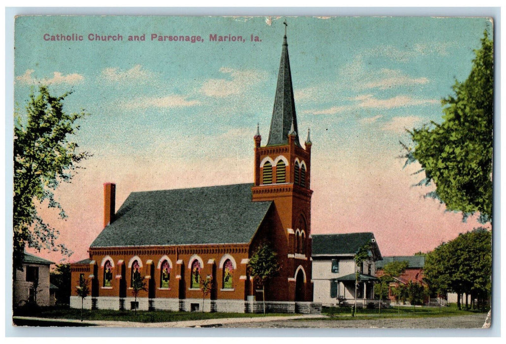 1914 View Of Catholic Church And Parsonage Marion Iowa IA Antique Postcard