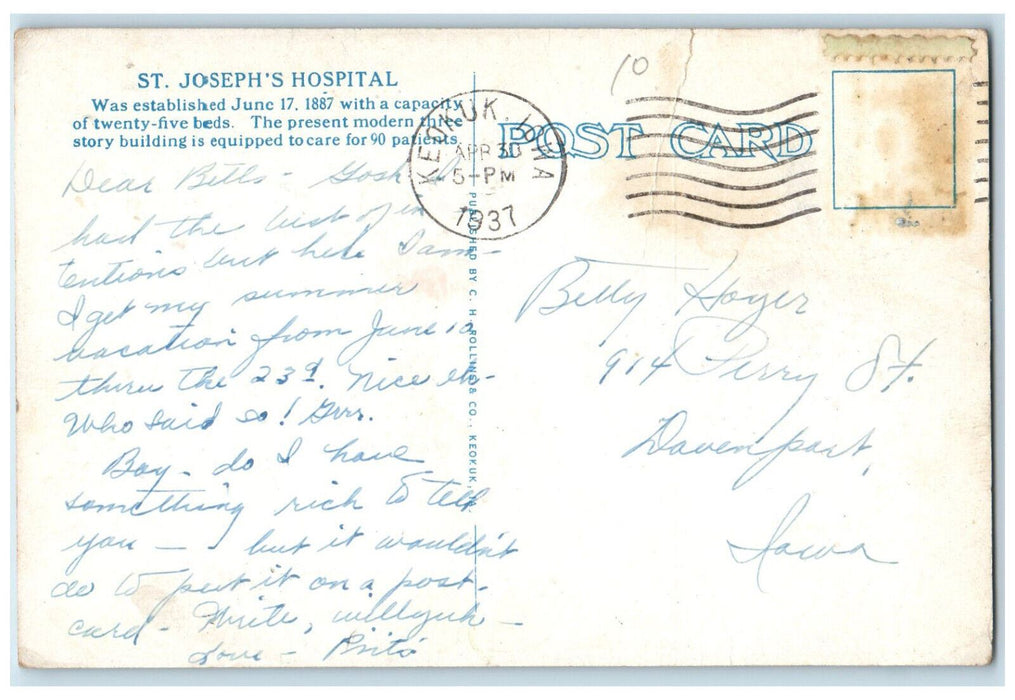 1937 St. Joseph Hospital 118 S. 14th Street Keokuk Iowa IA Antique Postcard