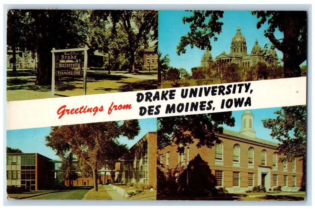 1962 Greetings From Drake University Des Moines Iowa IA Multiview Postcard