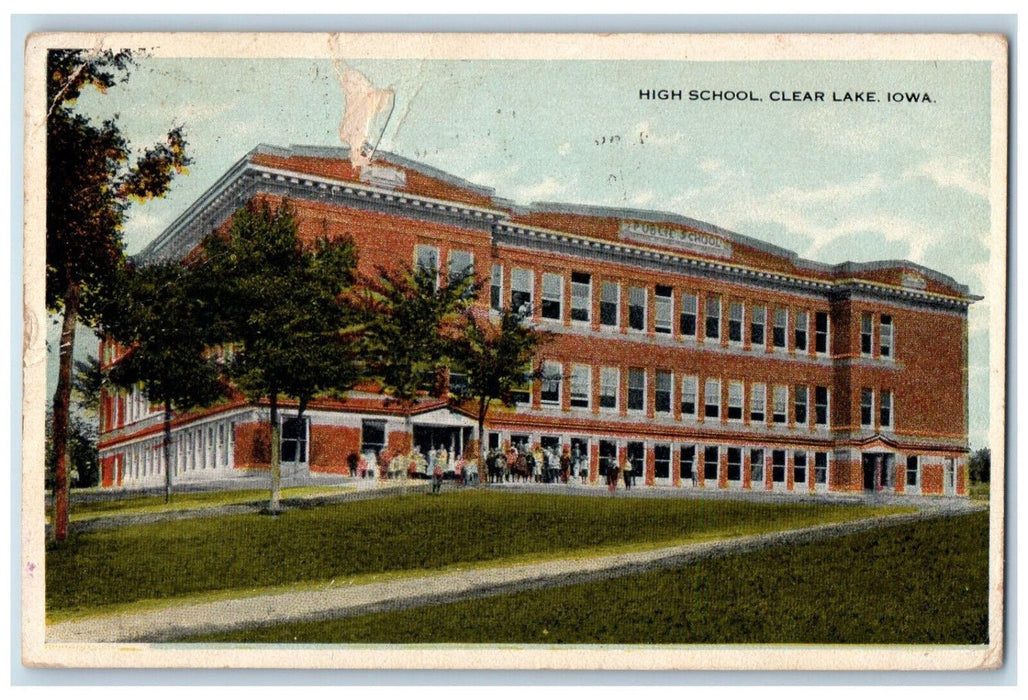 1922 Public High School Building Panoramic View Clear Lake Iowa IA Postcard