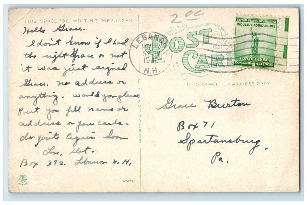 1941 Everett Knitting Mill Exterior Lebanon New Hampshire NH Posted Postcard