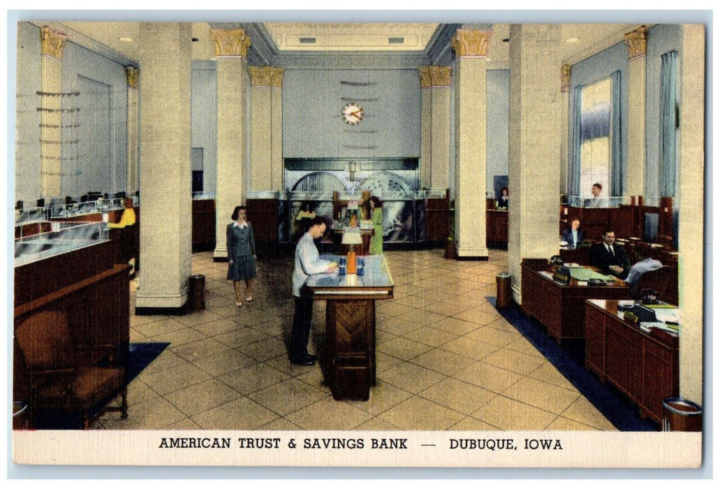 1949 American Trust & Savings Bank Interior Scene Dubuque Iowa IA Postcard