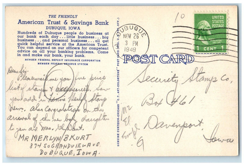 1949 American Trust & Savings Bank Interior Scene Dubuque Iowa IA Postcard