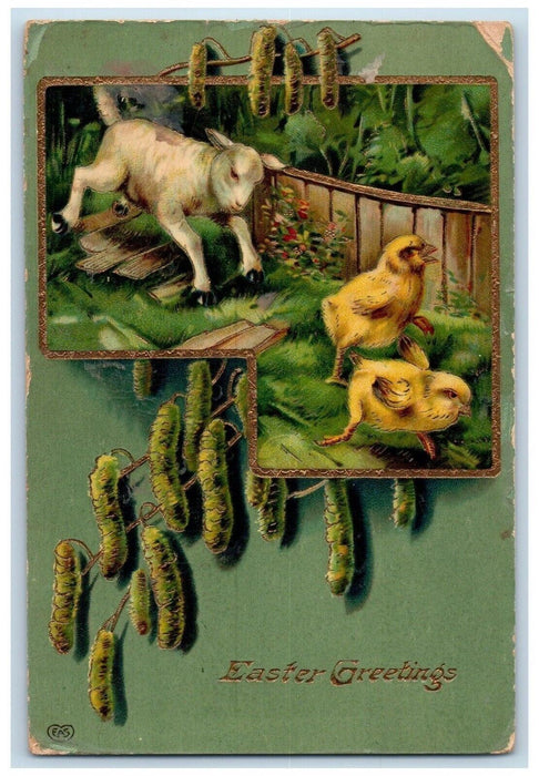 Easter Greetings Lamb Chicks Cattails Embossed Gel Gold Gilt Preston IA Postcard
