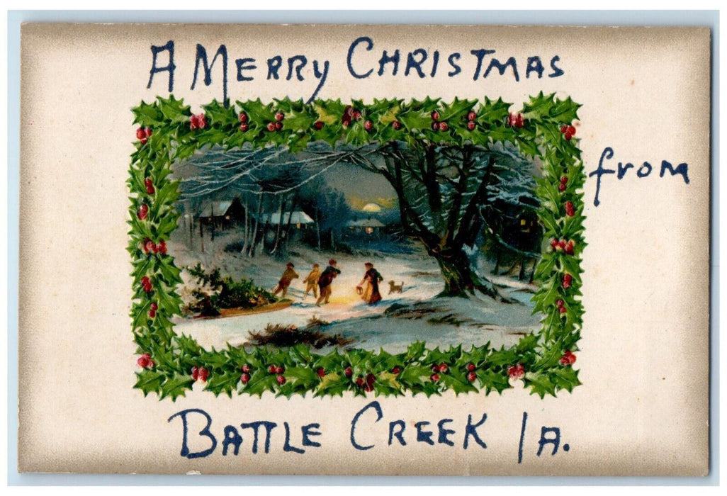 A Merry Christmas From Battle Creek Iowa IA Embossed Airbrushed Postcard