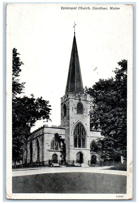 1949 Episcopal Church Building Cross Tower Entrance Gardiner Maine ME Postcard