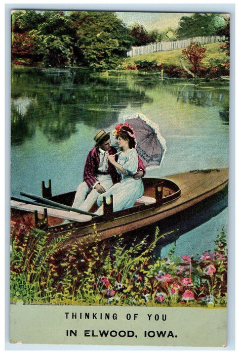 Thinking Of You In Elwood Iowa IA, Couple Romance Boat Scene Antique Postcard