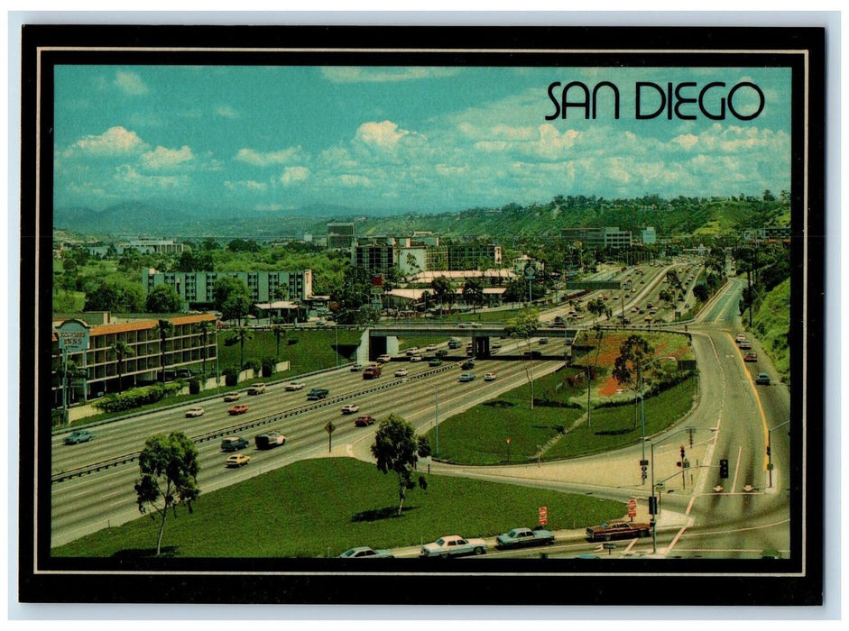 c1950 San Diego Valleys Hotel Restaurant intersection Roads Bridge CA Postcard