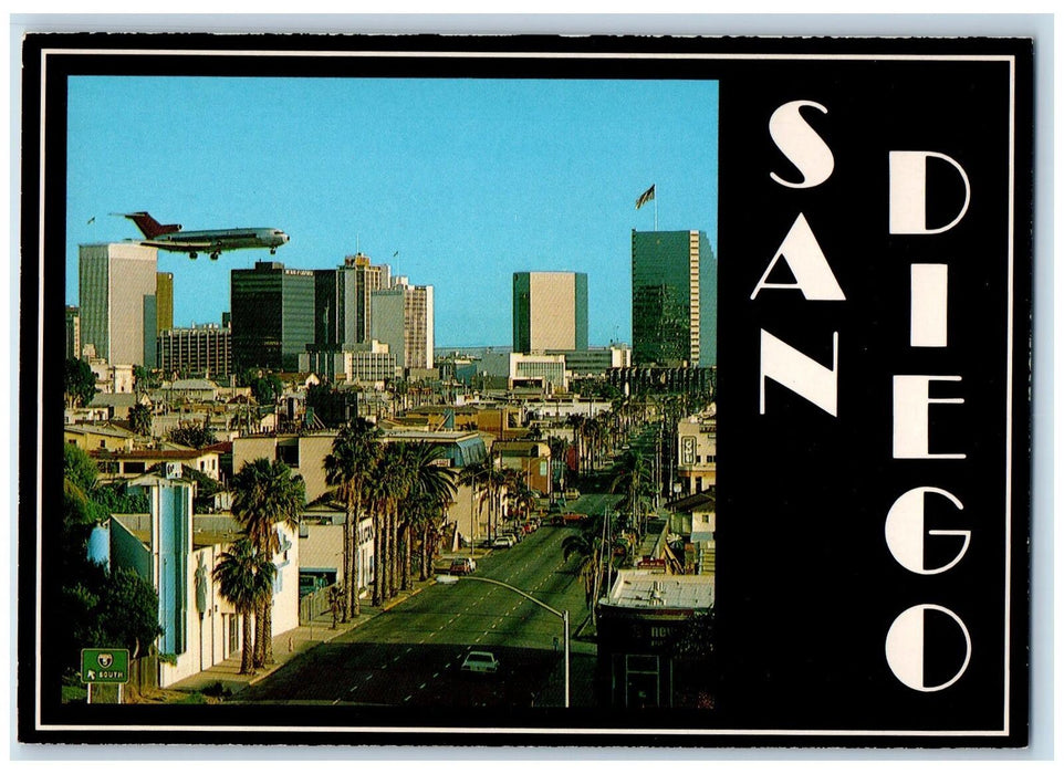 c1950 San Diego International City Buildings Road Streets Airplane CA Postcard