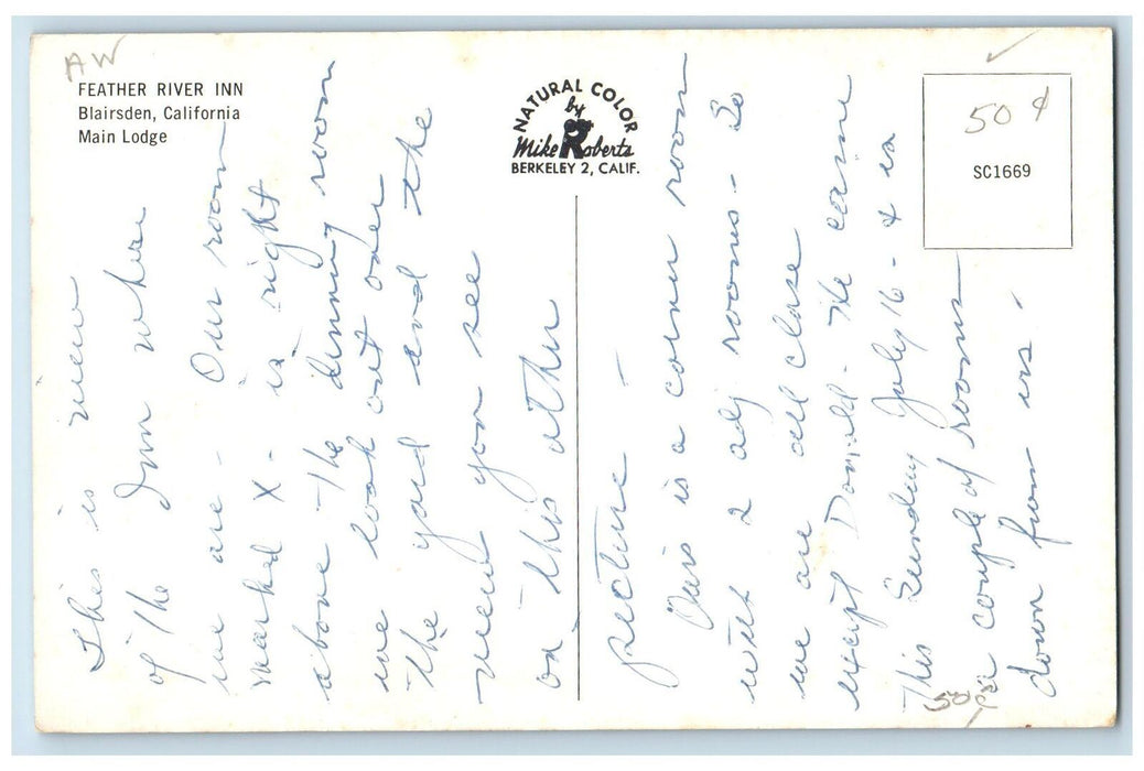 c1950 Feather River Inn Main Lodge Restaurant Park Tourist Blairsden CA Postcard