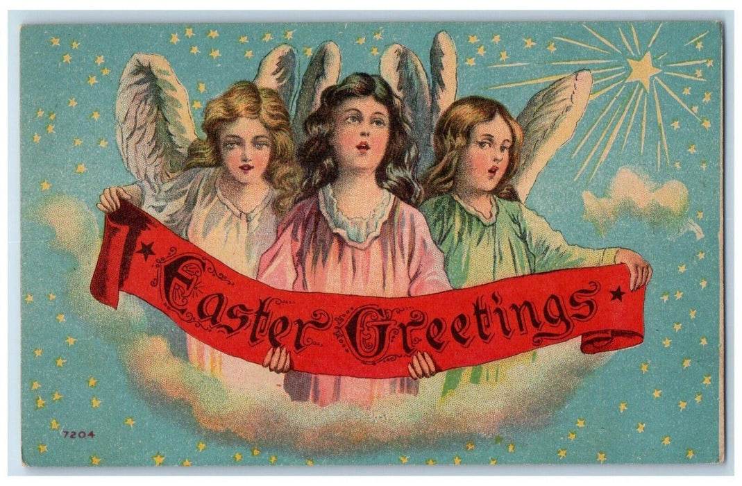 c1910's Easter Greetings Angels Holding Banner Stars Winsch Back Posted Postcard