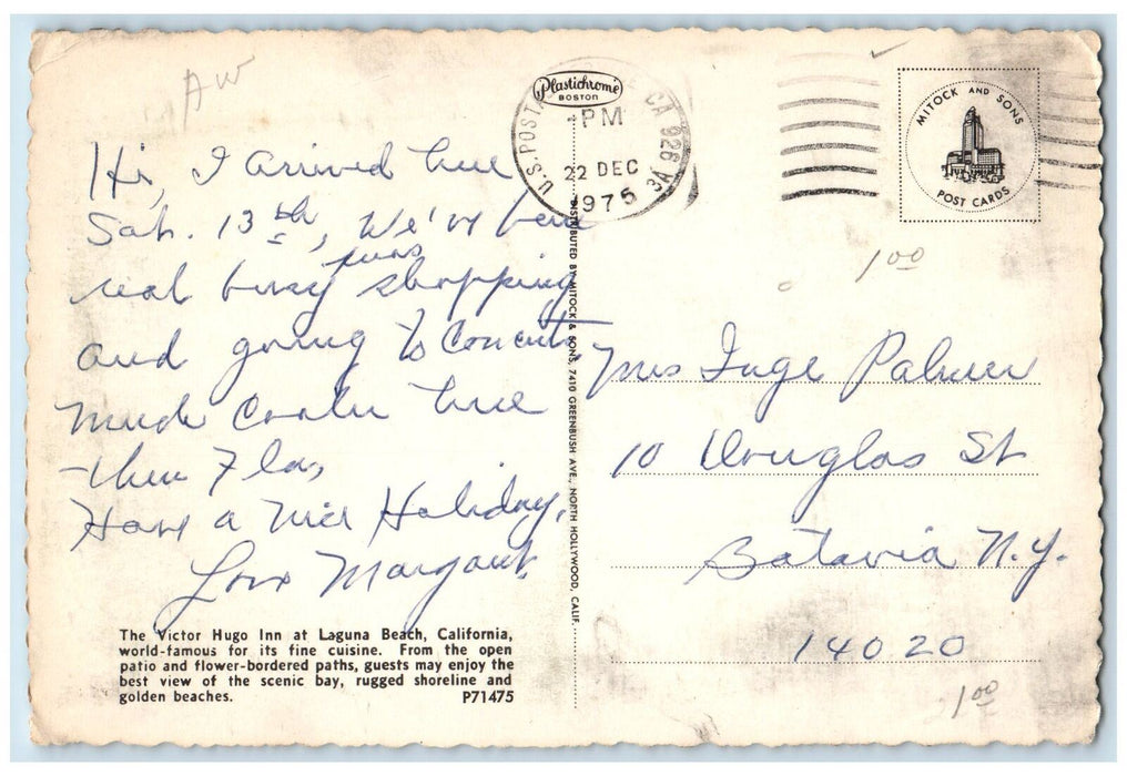 1975 The Victor Hugo Inn Laguna Beach Over View Tourist Restaurant CA Postcard