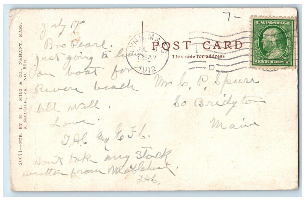 1912 Relay House Bass Point Nahant Massachusetts MA Posted Antique Postcard