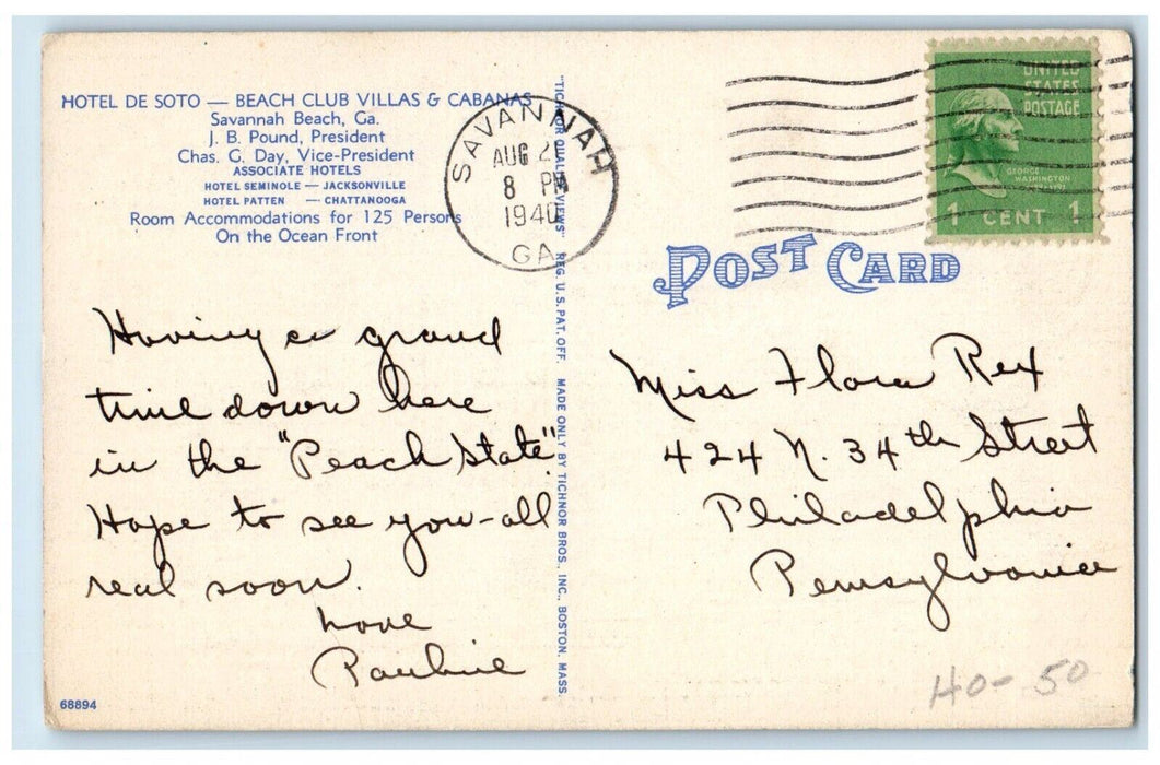 1940 Hotel De Soto Beach Club Villas Cabanas Savannah Beach Georgia GA Postcard