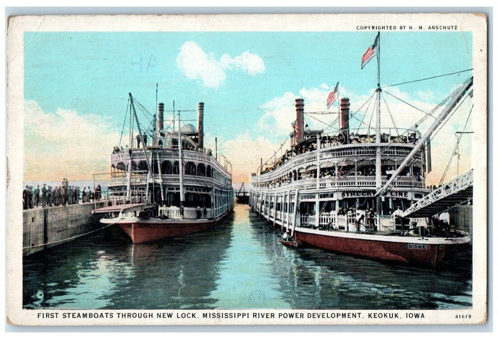 1931 First Steamboats Through New Lock Mississippi River Keokuk IA Postcard