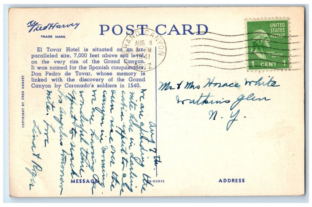 1941 El Tovar Hotel Rim Grand Canyon National Park Arizona AZ Vintage Postcard