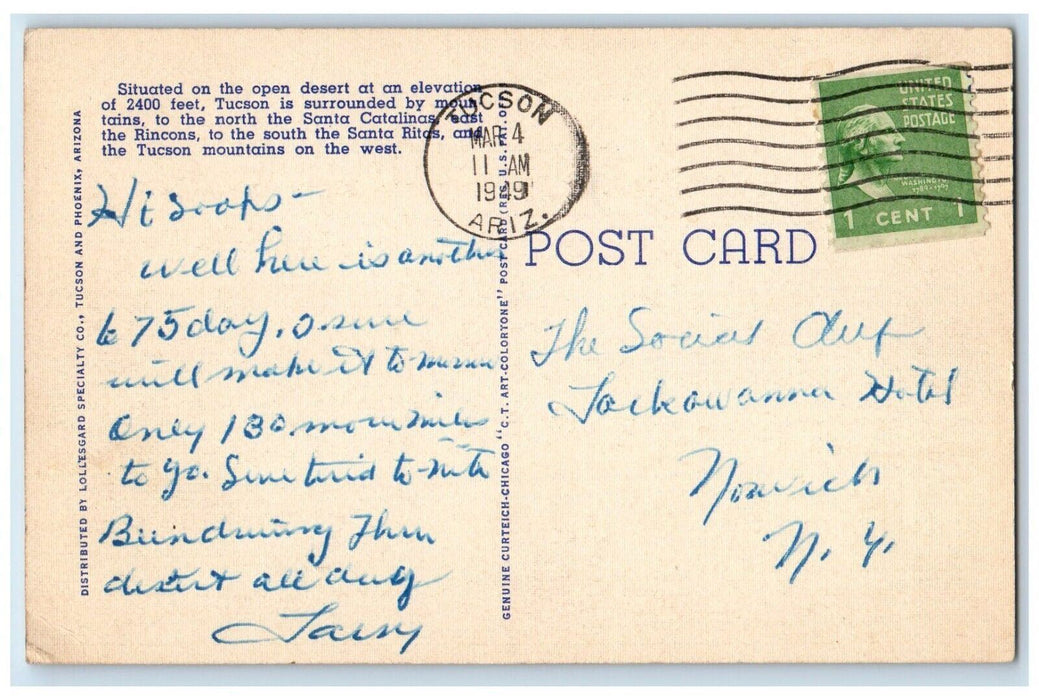 1949 Birdseye View Desert Mountains Santa Catalinas East Tucson Arizona Postcard