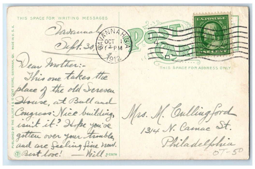 1912 The New Savannah Hotel Building Exterior Scene Georgia GA Antique Postcard