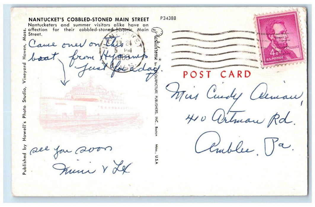 1963 Nantucket's Cobbled Stoned Main Street Nantucket Massachusetts MA Postcard