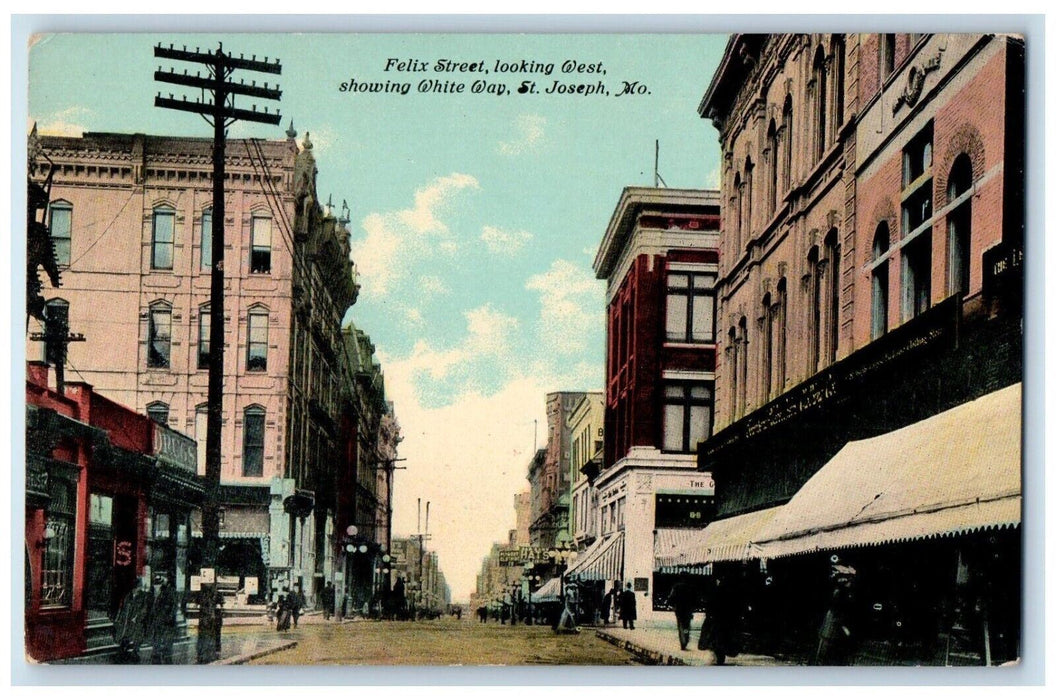 c1910 Felix Street Looking West Showing White Way St. Joseph Missouri Postcard