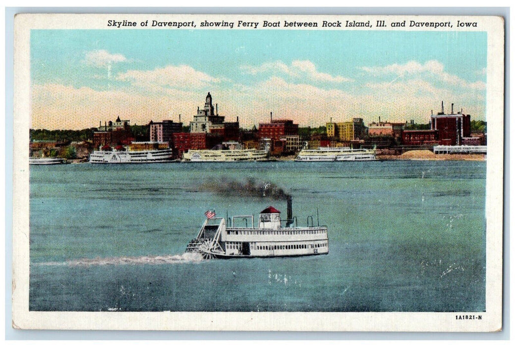 Skyline Davenport Ferry Boat Rock Island Illinois And Davenport IL Postcard