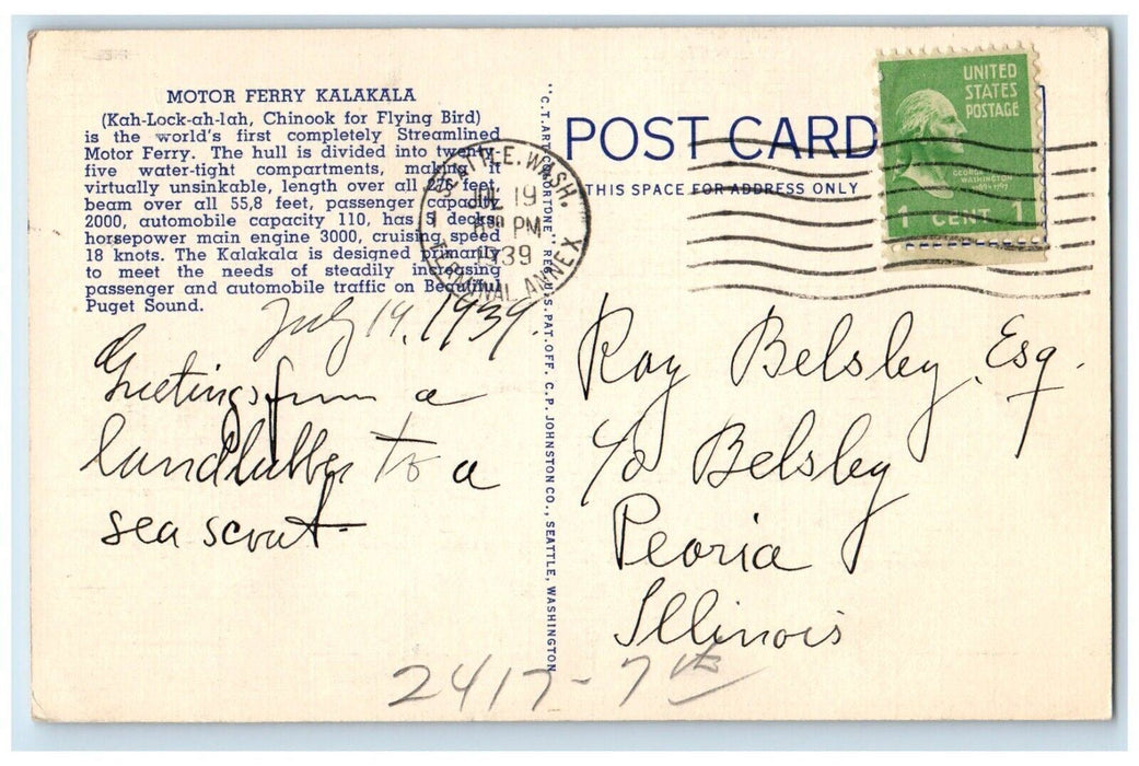 1939 Motor Ferry Kalakala Streamlined Vessel Puget Sound Washington WA Postcard