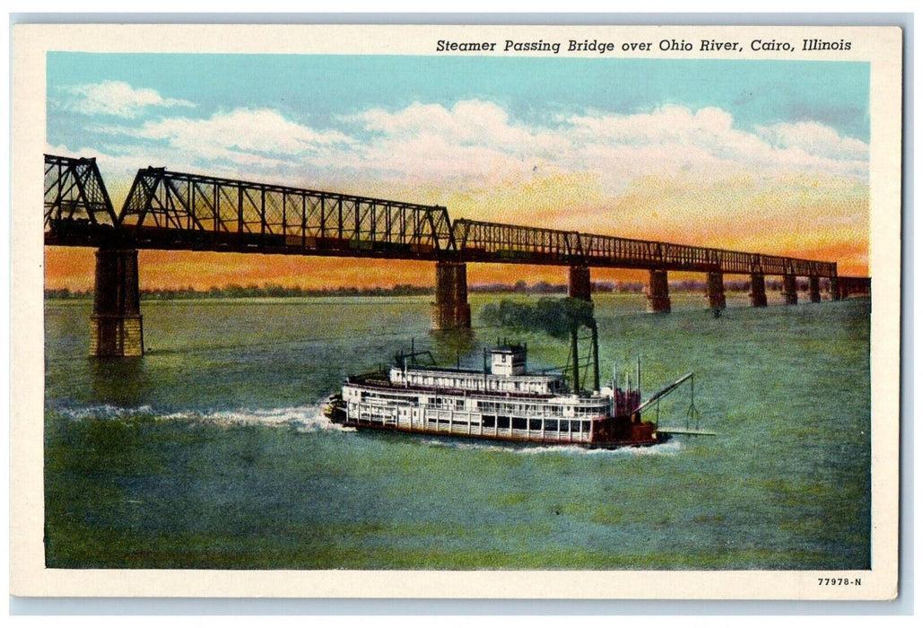 c1930's Steamer Passing Bridge Over Ohio River Cairo Illinois IL Postcard