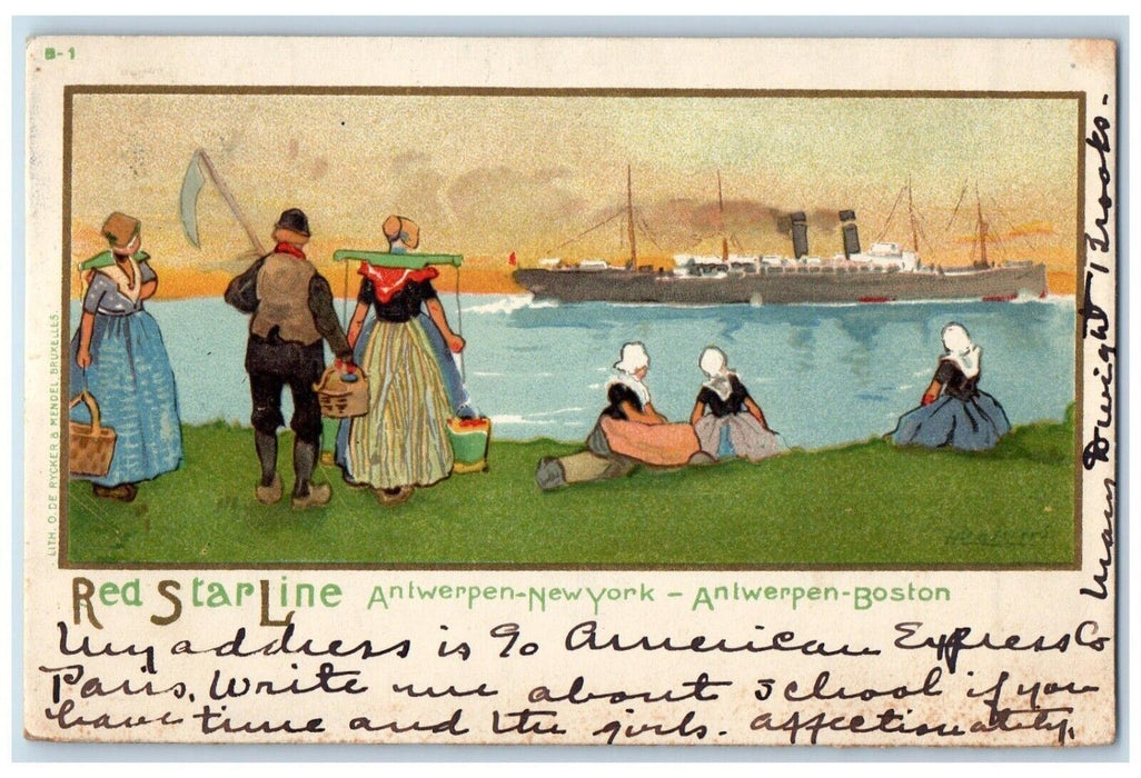 c1905 Red Star Line Antwerpen New York Boston Steamer Cruise Ferry Sea Postcard