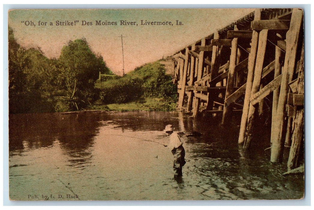 Oh For A Strike Des Moines River Livermore Iowa IA, Fisherman Fishing Postcard
