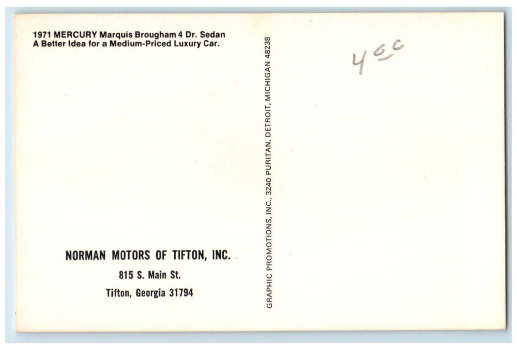 1971 Mercury Marquis Brougham 4 Dr. Sedan Norman Motors Tifton Georgia Postcard