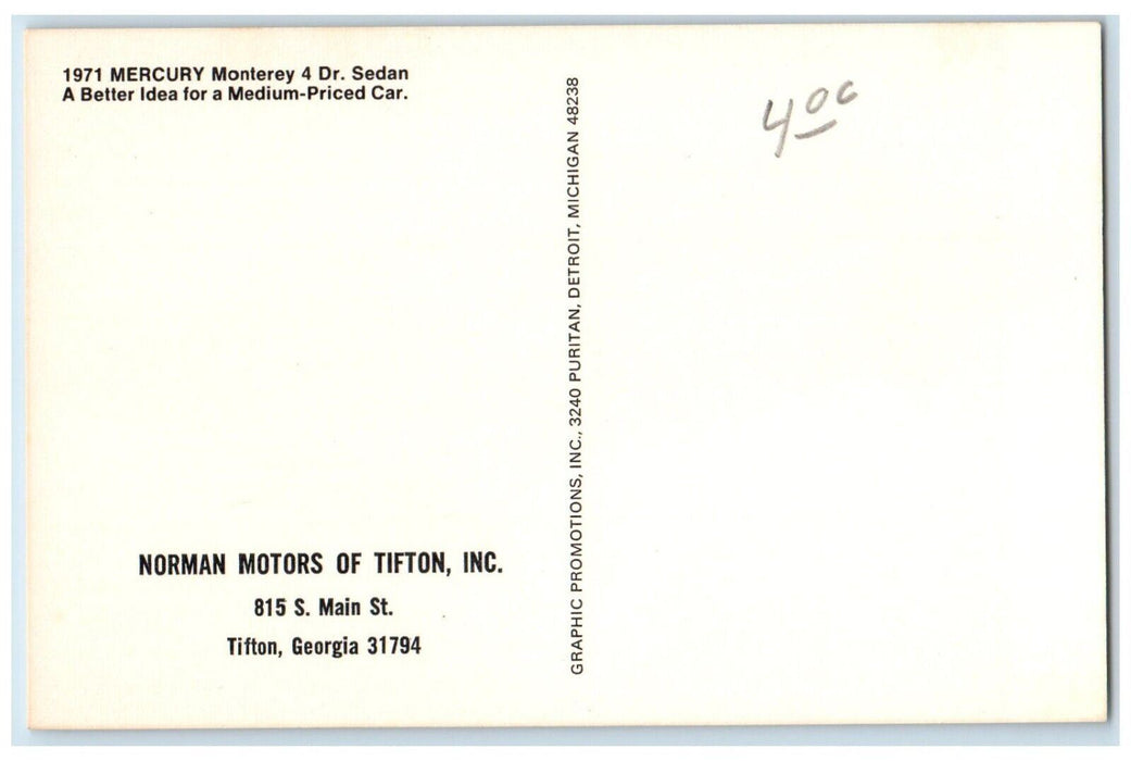 c1960 1971 mercury Monterey 4 Door Sedan Norman Motors Tifton Georgia Postcard