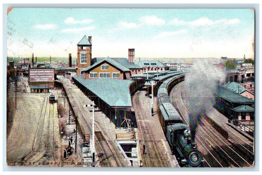 1909 Railroad Train Station Depot View NY NH Smokestacks Bridgeport CT Postcard