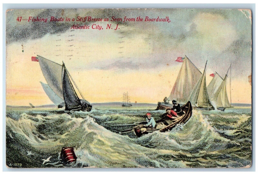 1912 Fishing Boats Stiff Breeze Seen Boardwalk Atlantic City New Jersey Postcard
