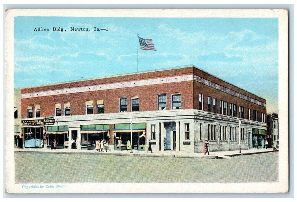Allfree Building Hardware Store Street Scene Newton Iowa IA Antique Postcard