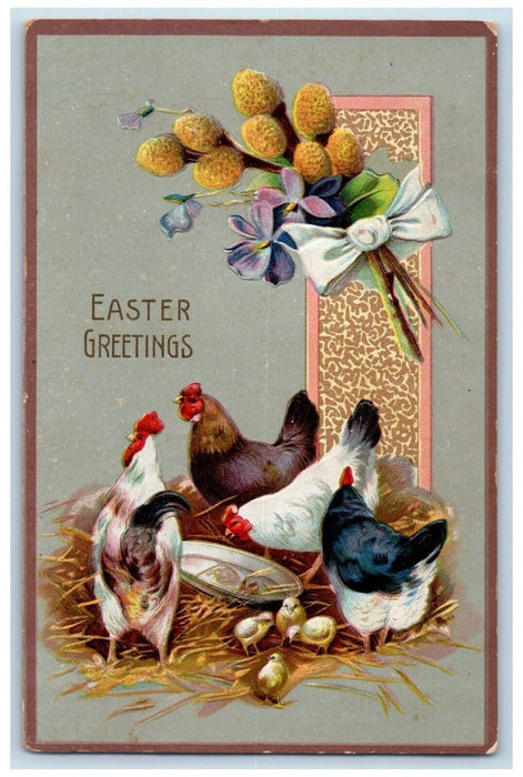 Easter Greetings Chicken Hen Chicks Nest Pipe Berry Pansies Republic IA Postcard