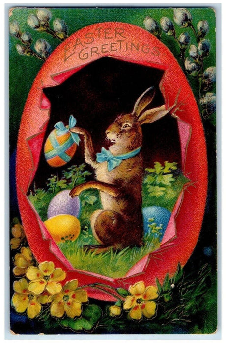 c1910's Easter Greetings Rabbit In Hatched Egg Pipe Berry Flowers Postcard