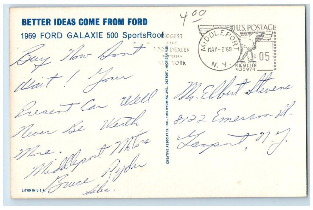 c1969 1969 Ford Galaxie 500 Sports Roof Ford Car Middleport New York NY Postcard
