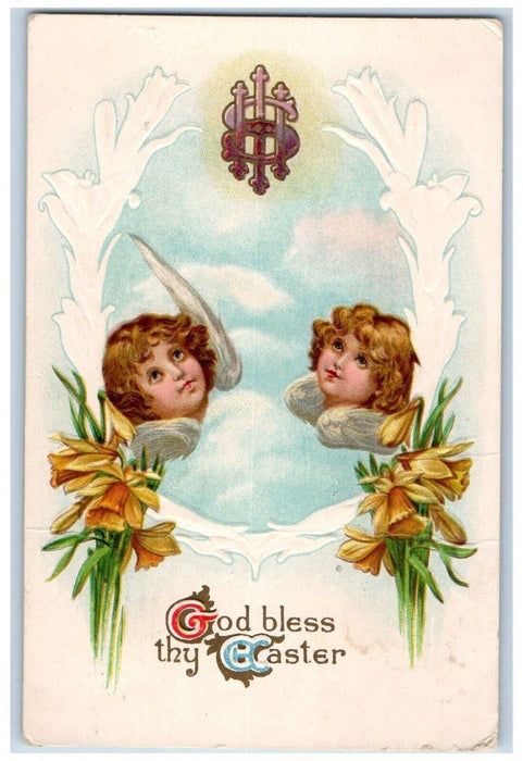 1911 Easter Angels Head Yellow Flowers Embossed Billings Michigan MI Postcard