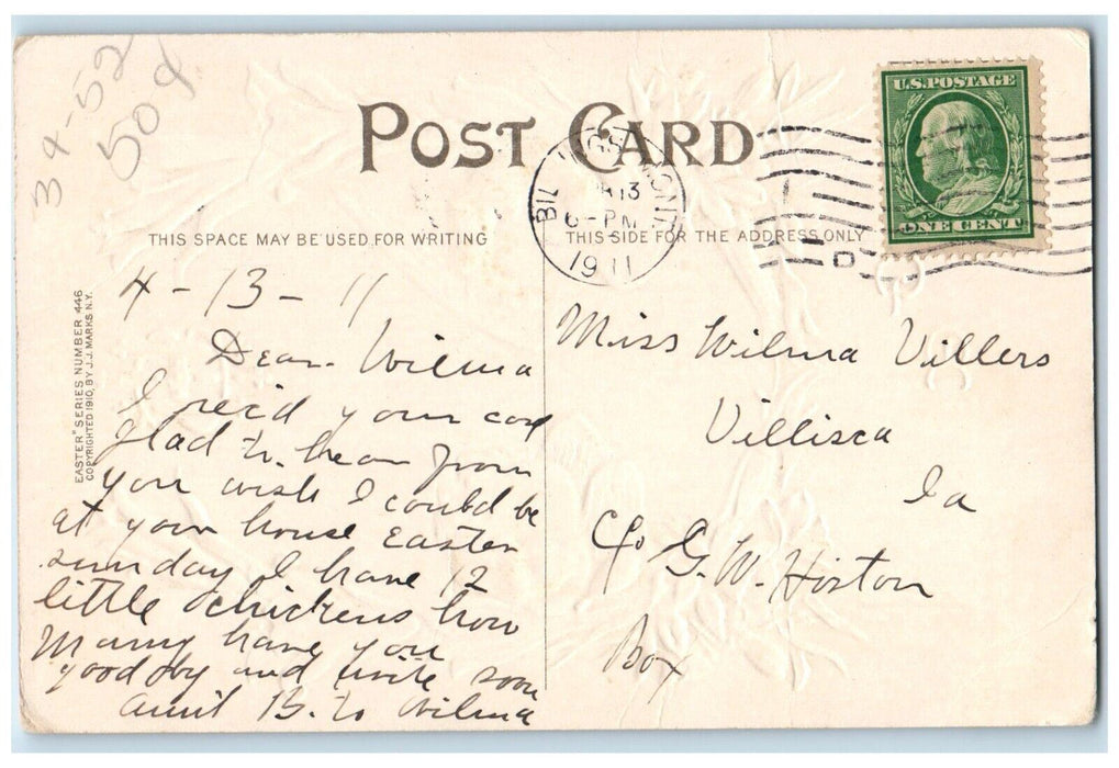 1911 Easter Angels Head Yellow Flowers Embossed Billings Michigan MI Postcard