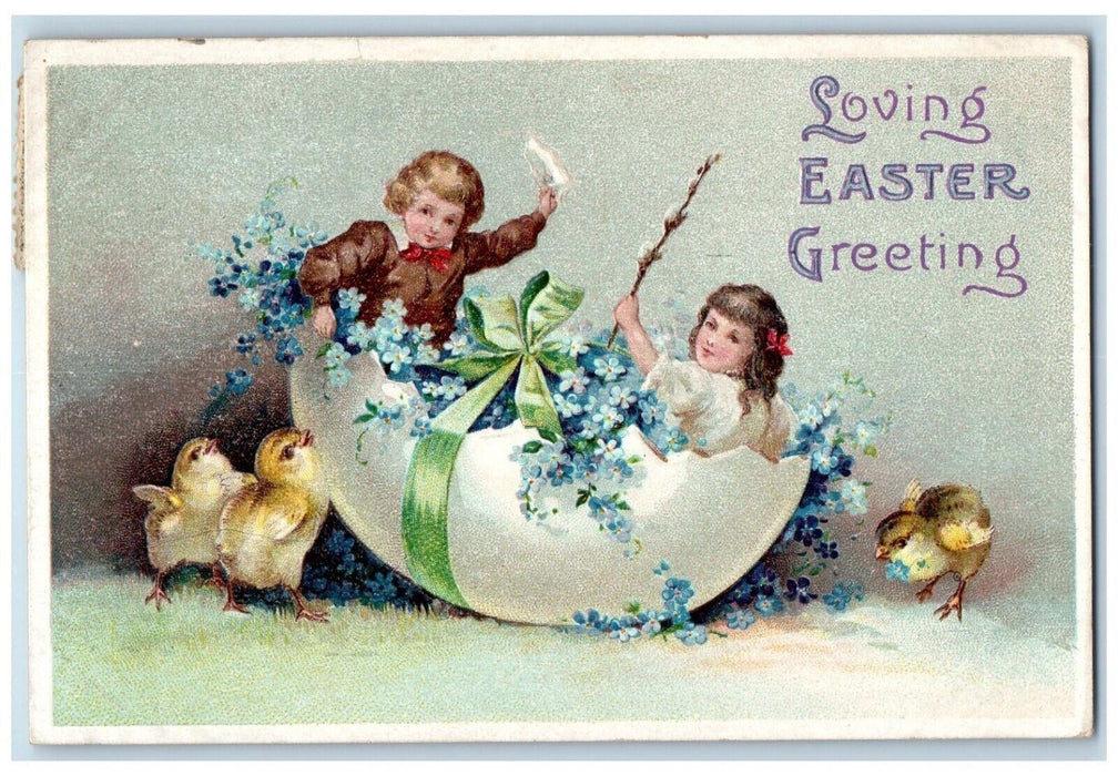 1916 Easter Greeting Girls In Hatched Egg Chicks Pansies Clapsaddle Postcard