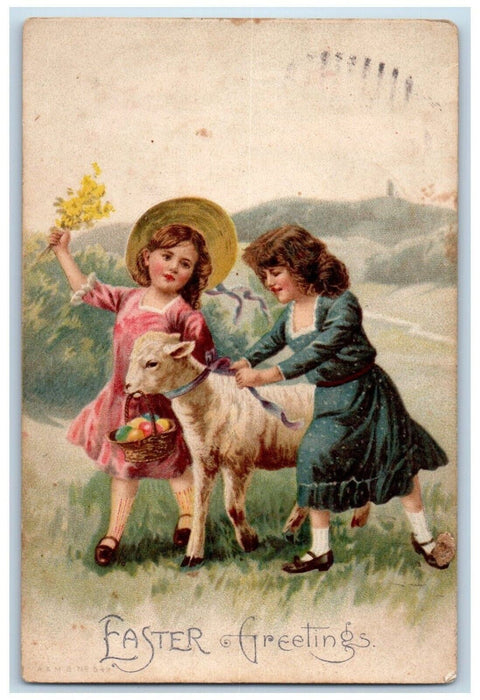 1908 Easter Greetings Girls And Lamb Basket Eggs Flowers Potosi WI Postcard