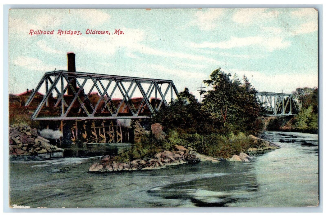 c1950's Railroad Ridges Truss Bridge Lake River Grove Oldtown Maine ME Postcard