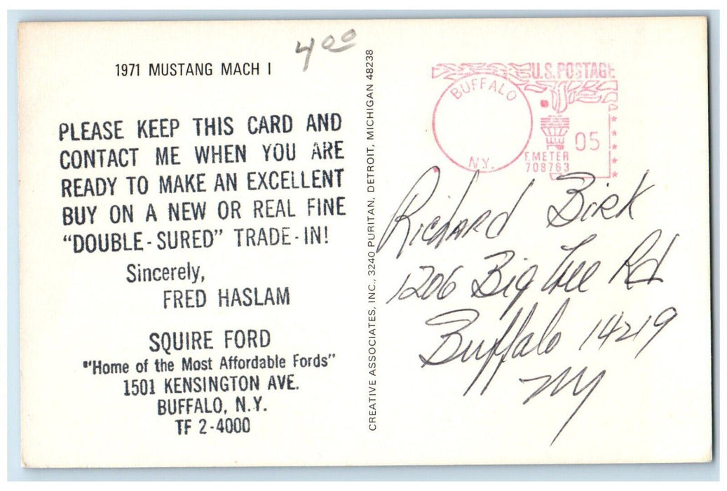 c1960 1971 Mustang Mach I Squire Ford Advertising Buffalo New York NY Postcard
