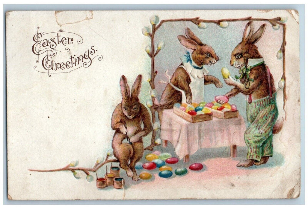 Easter Greetings Anthropomorphic Rabbits Egg Painting Black Creek WI Postcard