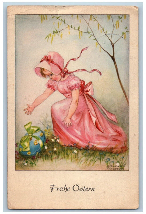 c1910's Easter Girl Pink Dress Egg Ribbon Flowers Embossed Antique Postcard