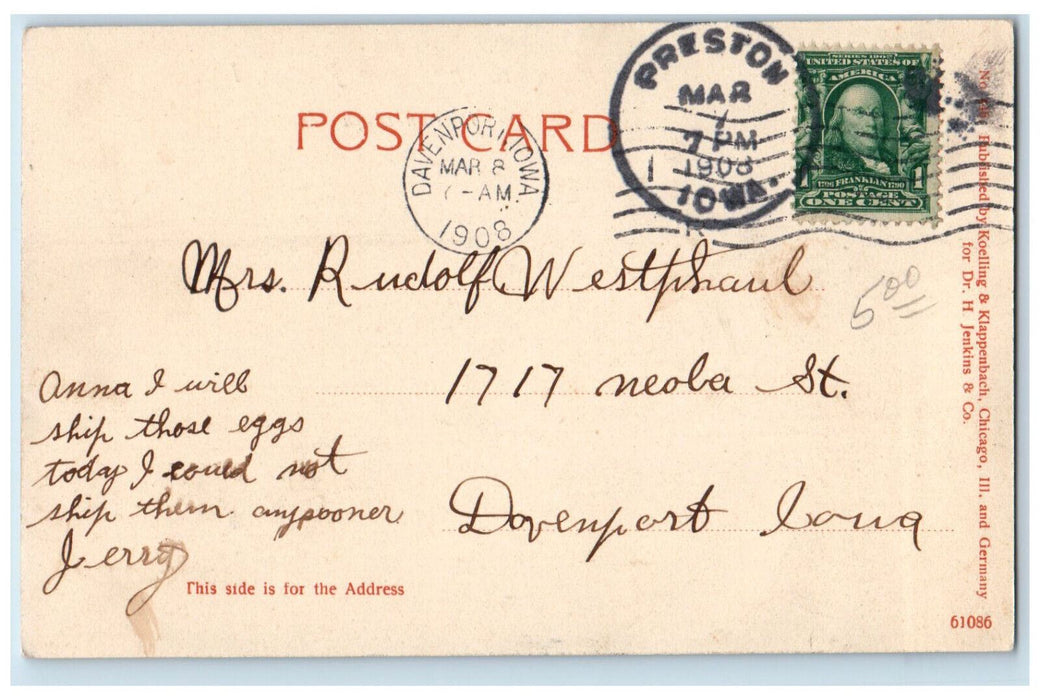 1908 Greeting From Preston High School Building Iowa IA Antique Posted Postcard